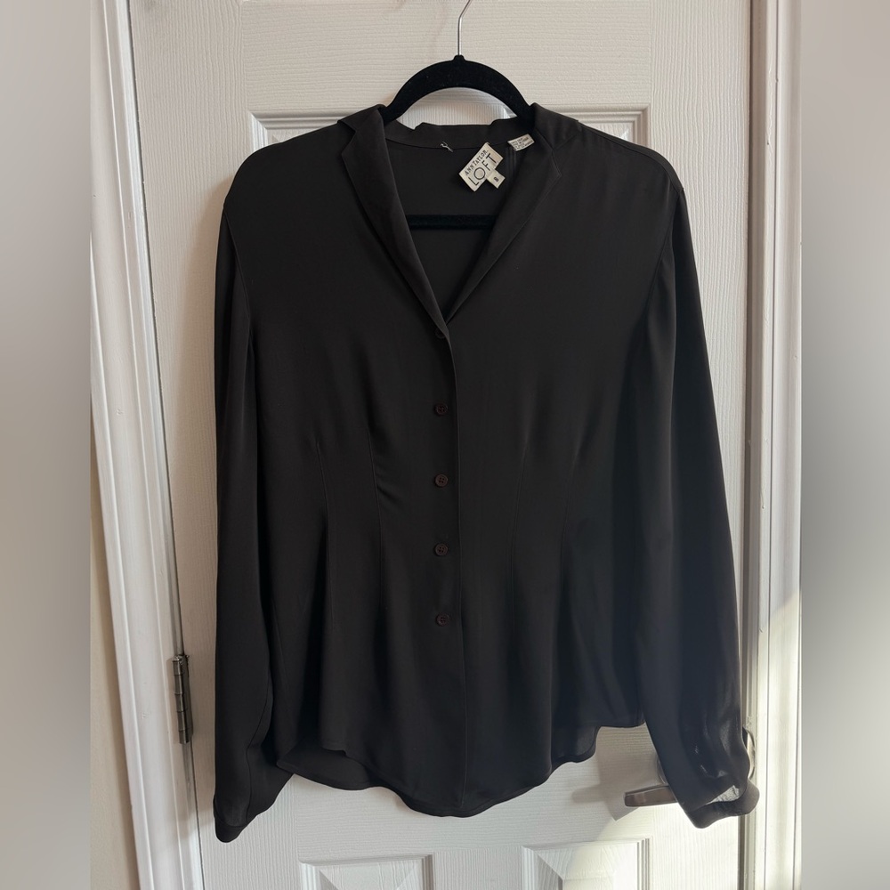 ANN TAYLOR LOFT Vintage 90s Silk Tailored Button Down Shirt Brown Size 8